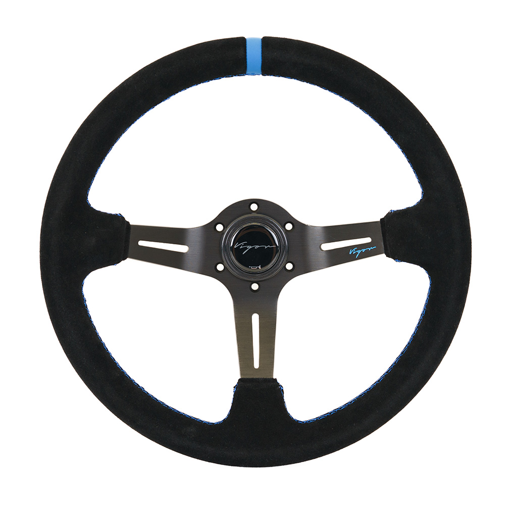 Image of Vigor Stuur Daytona Blauwe Kruisstiksel Met blauwe middellijn Zwart - Zwart 350mm Suède