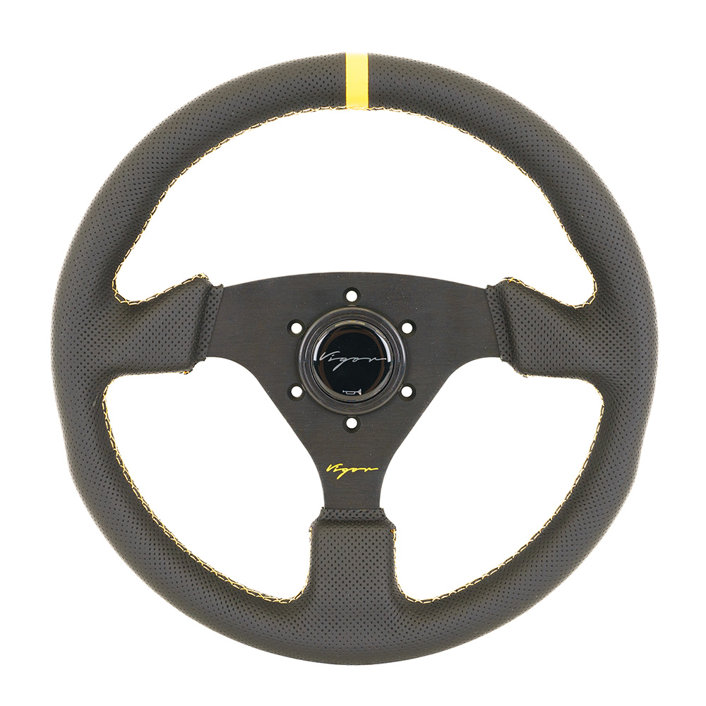 Image of Vigor Stuur Monza Gele kruisstiksel Met Gele Middenlijn Zwart - Zwart 330mm Geperforeerd Leer