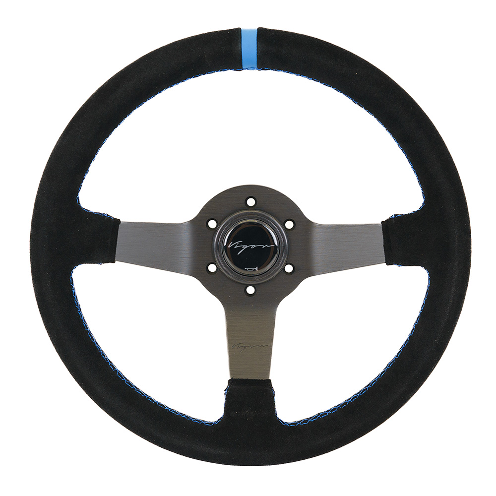 Image of Vigor Stuur Silverstone Blauwe Kruisstiksel Met blauwe middellijn Zwart - Zwart 340mm Suède