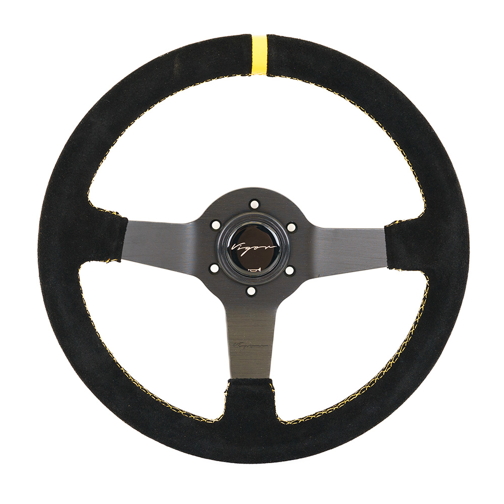 Image of Vigor Stuur Silverstone Gele kruisstiksel Met Gele Middenlijn Zwart - Zwart 340mm Suède