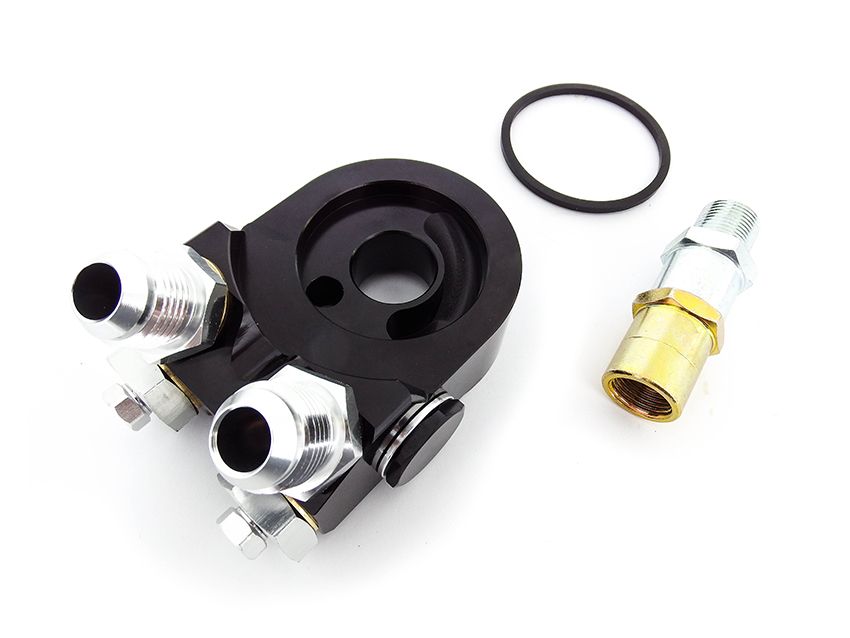 Image of D1 Spec Oliekoeler Adapter Met Thermostaat Dubbele Aansluiting Zwart Aluminium