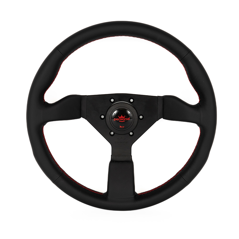 Image of Personal Stuur Rode Kruisstiksel Plat Zwart 350mm Leer