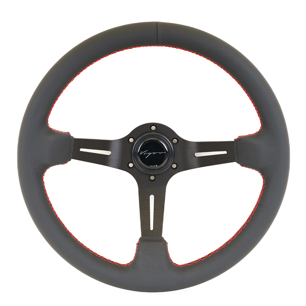 Image of Vigor Stuur Daytona Rode Kruisstiksel Zwart - Zwart 350mm Leer