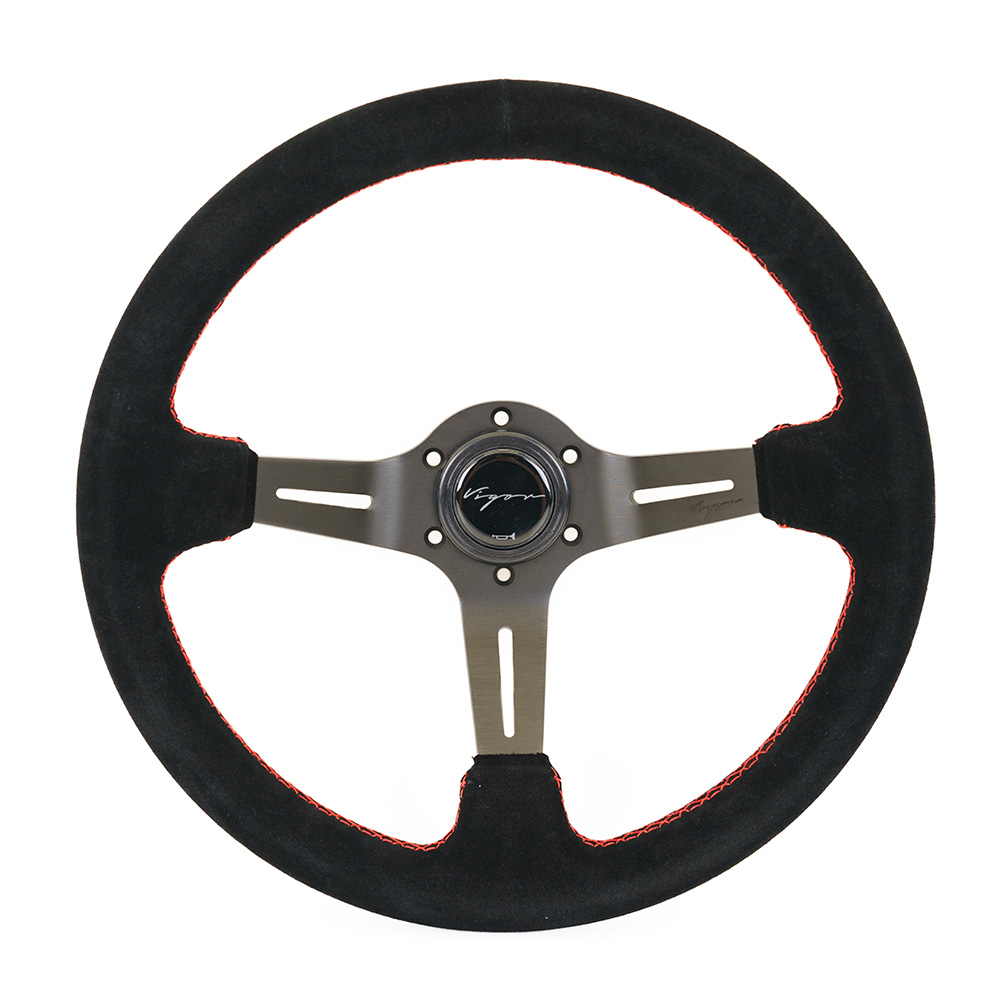 Image of Vigor Stuur Daytona Rode Kruisstiksel Zwart - Zwart 350mm Suède