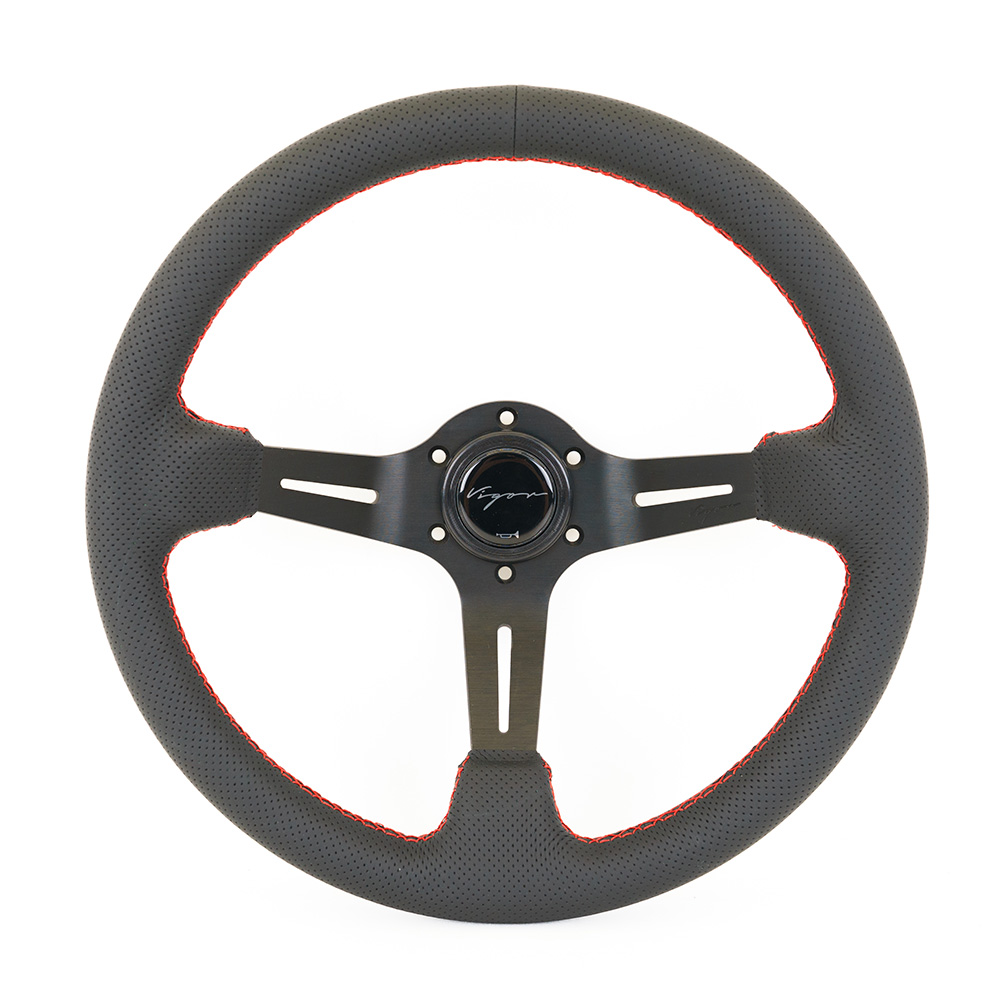 Image of Vigor Stuur Daytona Rode Kruisstiksel Zwart - Zwart 350mm Geperforeerd Leer
