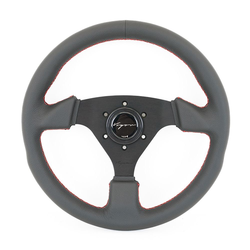 Image of Vigor Stuur Monza Rode Kruisstiksel Zwart - Zwart 330mm Leer
