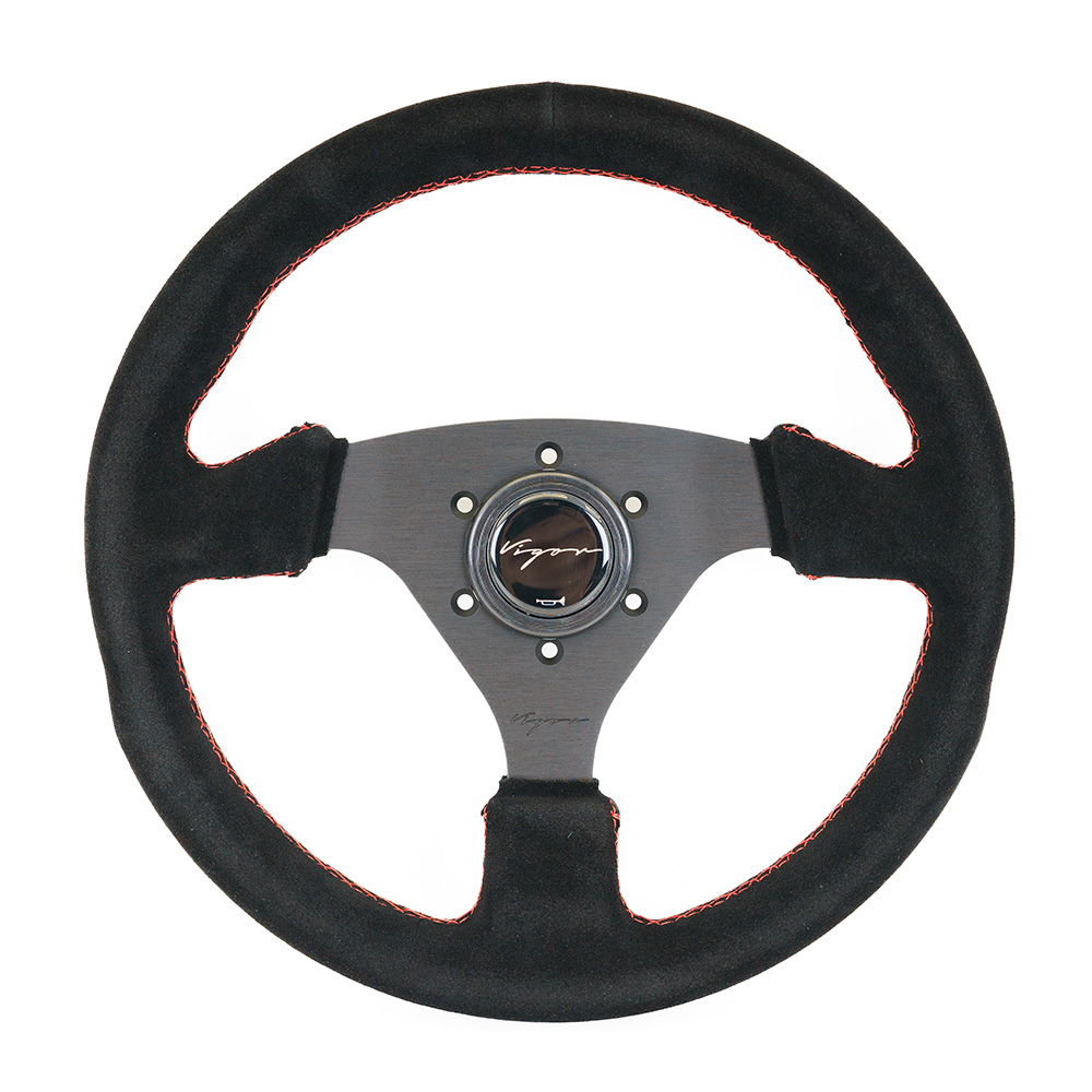 Image of Vigor Stuur Monza Rode Kruisstiksel Zwart - Zwart 330mm Suède