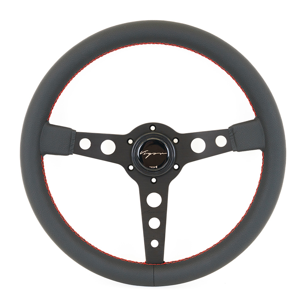 Image of Vigor Stuur Monte Carlo Rode Kruisstiksel Zwart - Zwart 350mm Leer