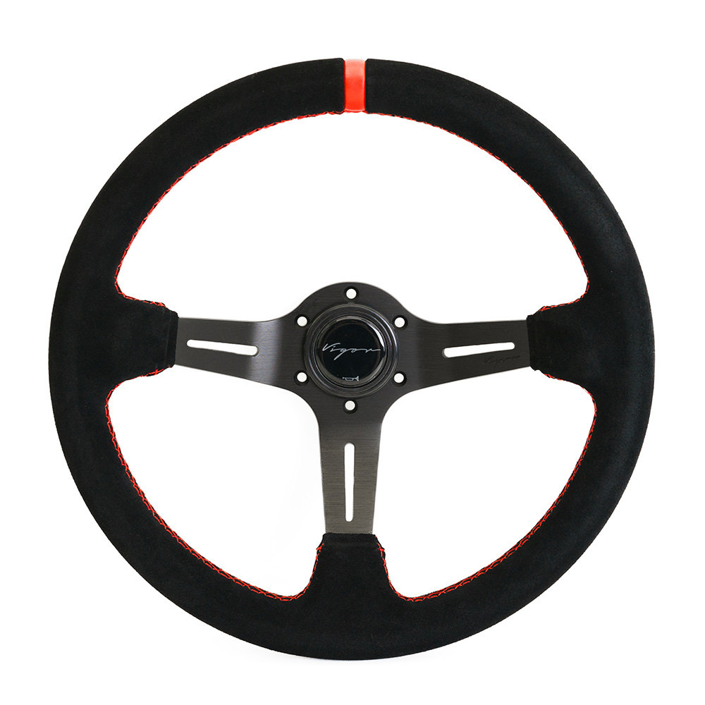 Image of Vigor Stuur Daytona Rode Kruisstiksel Red Leather Center Line Zwart - Zwart 350mm Suède
