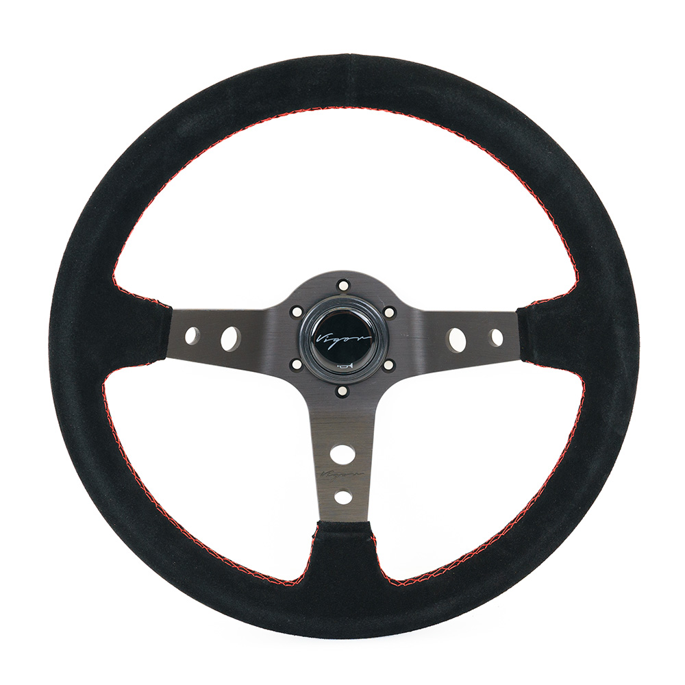 Image of Vigor Stuur Speedway Rode Kruisstiksel Zwart - Zwart 350mm Suède
