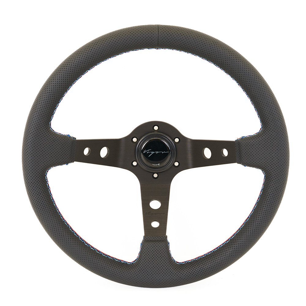 Image of Vigor Stuur Speedway Motorsport Kruisstiksel Zwart - Zwart 350mm Geperforeerd Leer