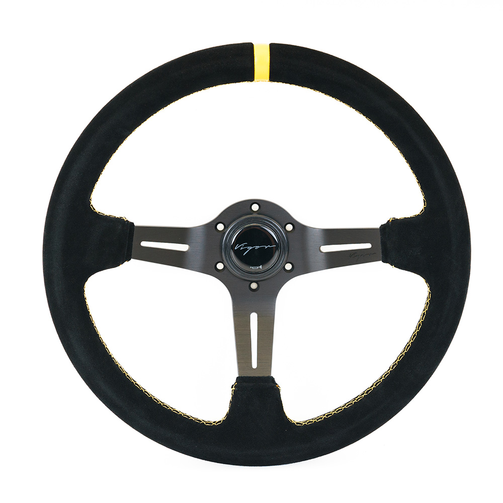 Image of Vigor Stuur Daytona Gele kruisstiksel Met Gele Middenlijn Zwart - Zwart 350mm Suède