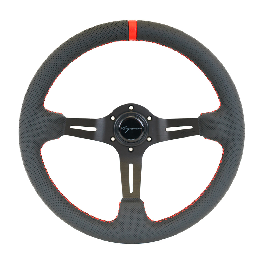 Image of Vigor Stuur Daytona Rode Kruisstiksel Met Rode Middenlijn Zwart - Zwart 350mm Geperforeerd Leer