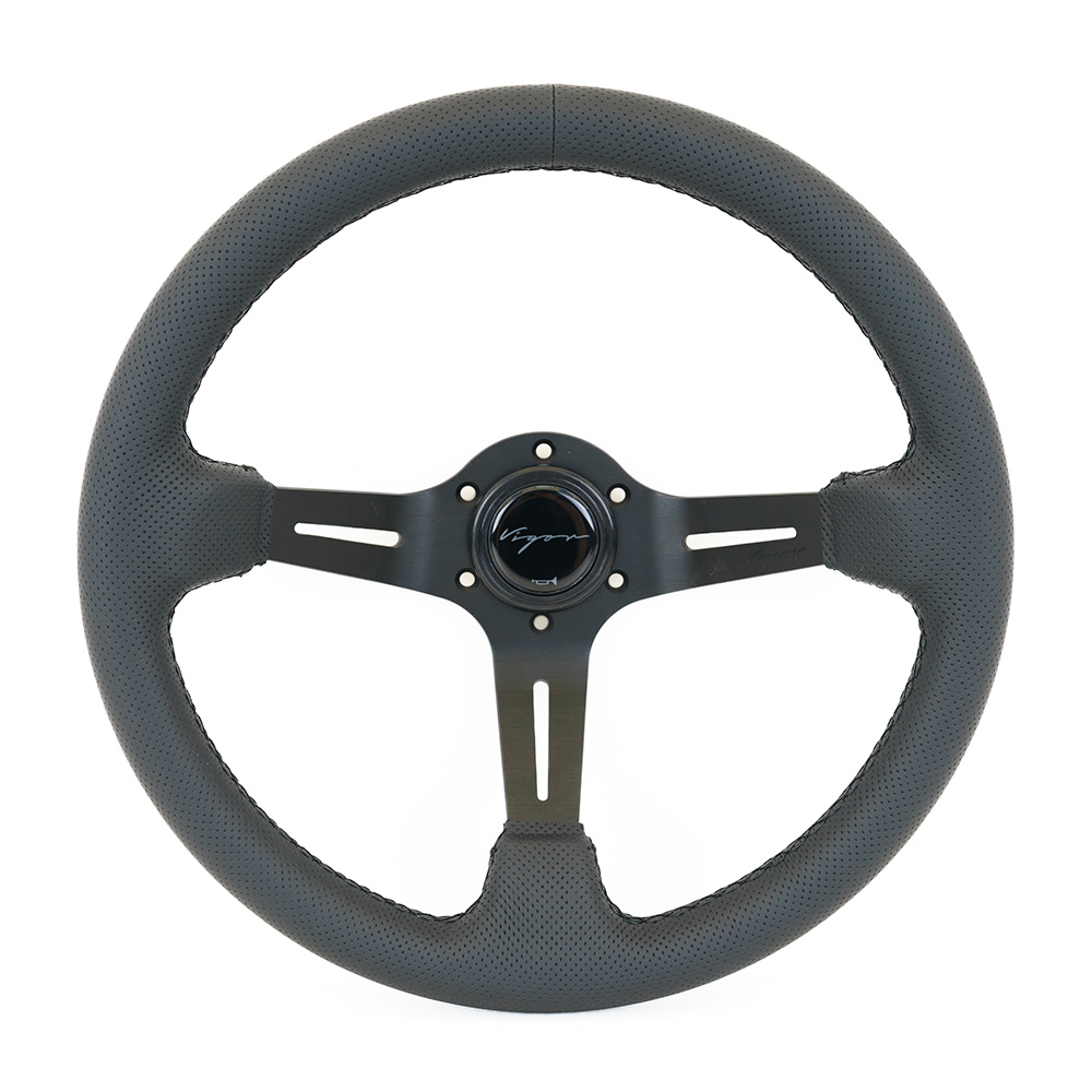 Image of Vigor Stuur Daytona Zwarte Kruisstiksel Zwart - Zwart 350mm Geperforeerd Leer