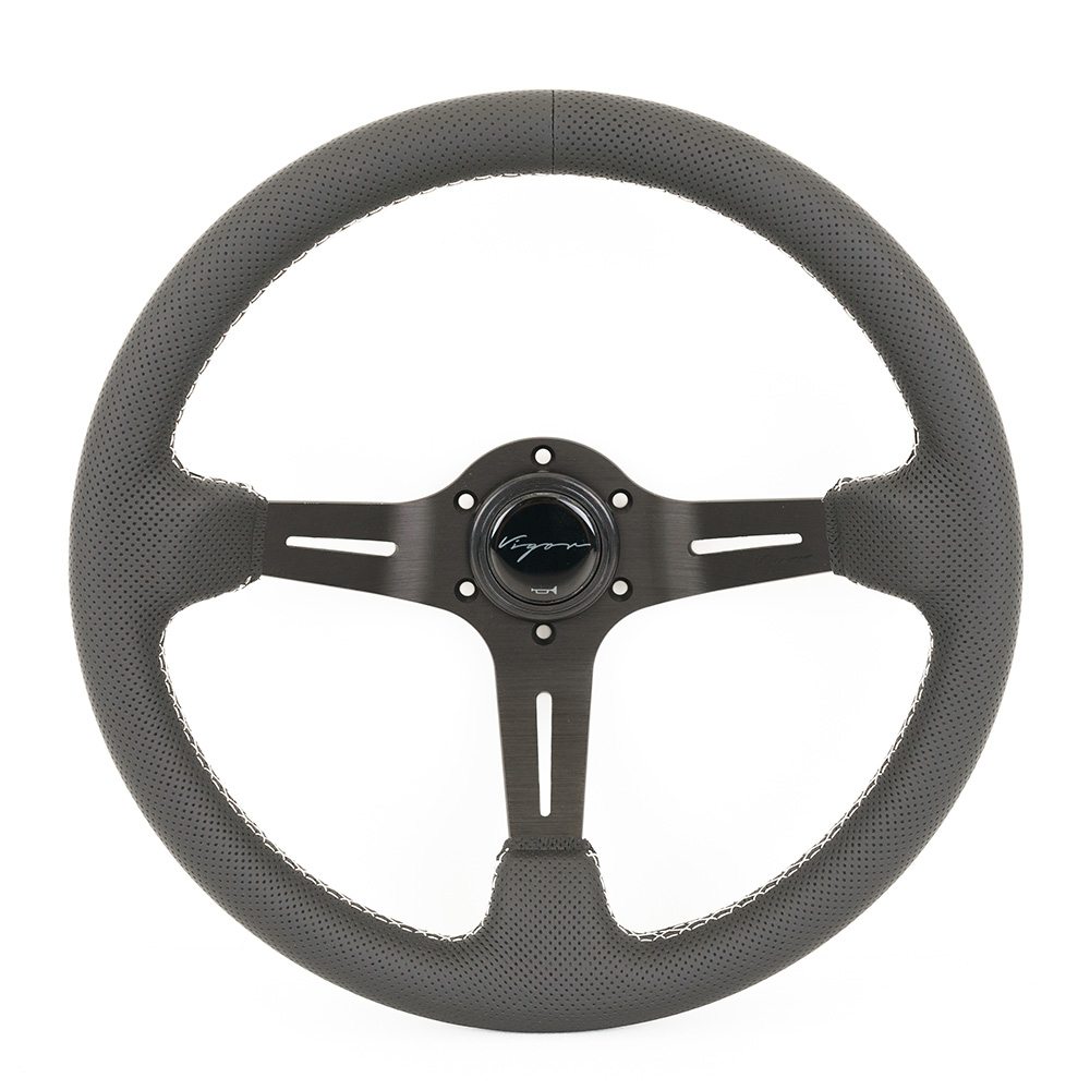 Image of Vigor Stuur Daytona Witte kruisstiksel Zwart - Zwart 350mm Geperforeerd Leer