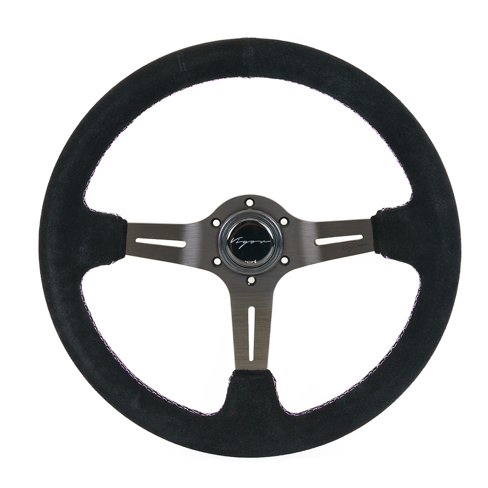 Image of Vigor Stuur Daytona Paarse Kruisstiksel Zwart - Zwart 350mm Suède