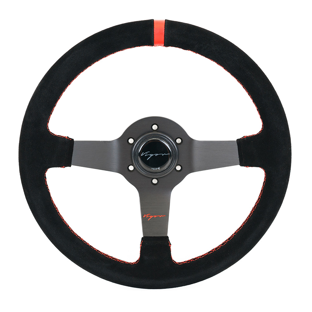 Image of Vigor Stuur Silverstone Rode Kruisstiksel Met Rode Middenlijn Zwart - Zwart 340mm Suède
