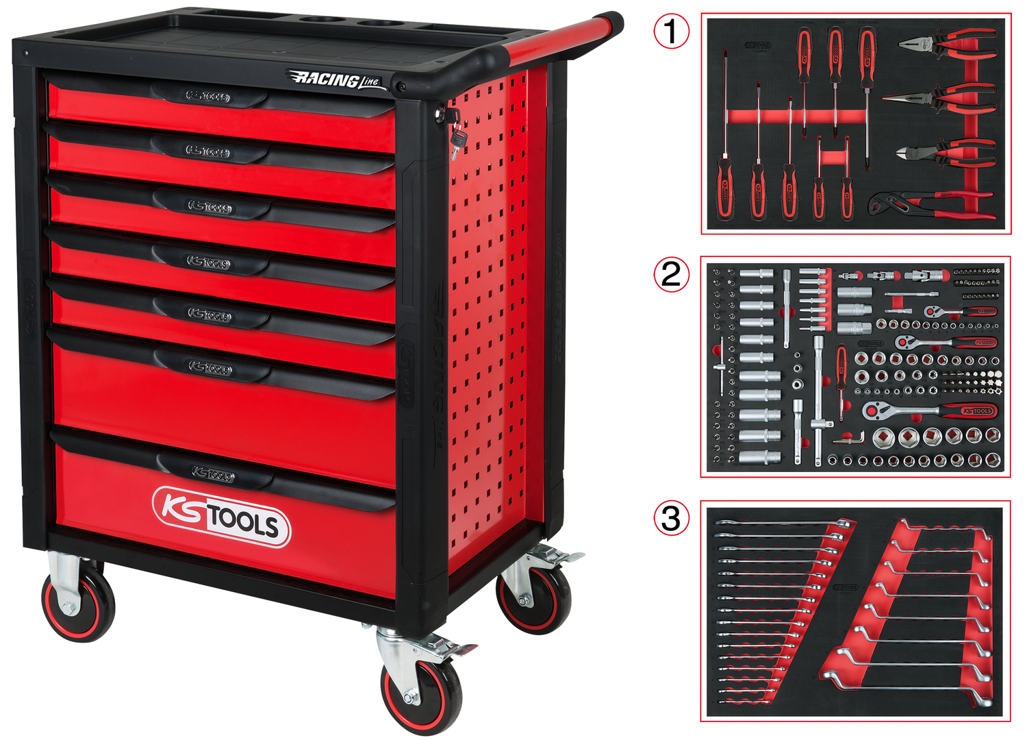 Image of KS tools Gereedschapswagen Racingline 7 laden met 215 gereedschappen Rood Staal