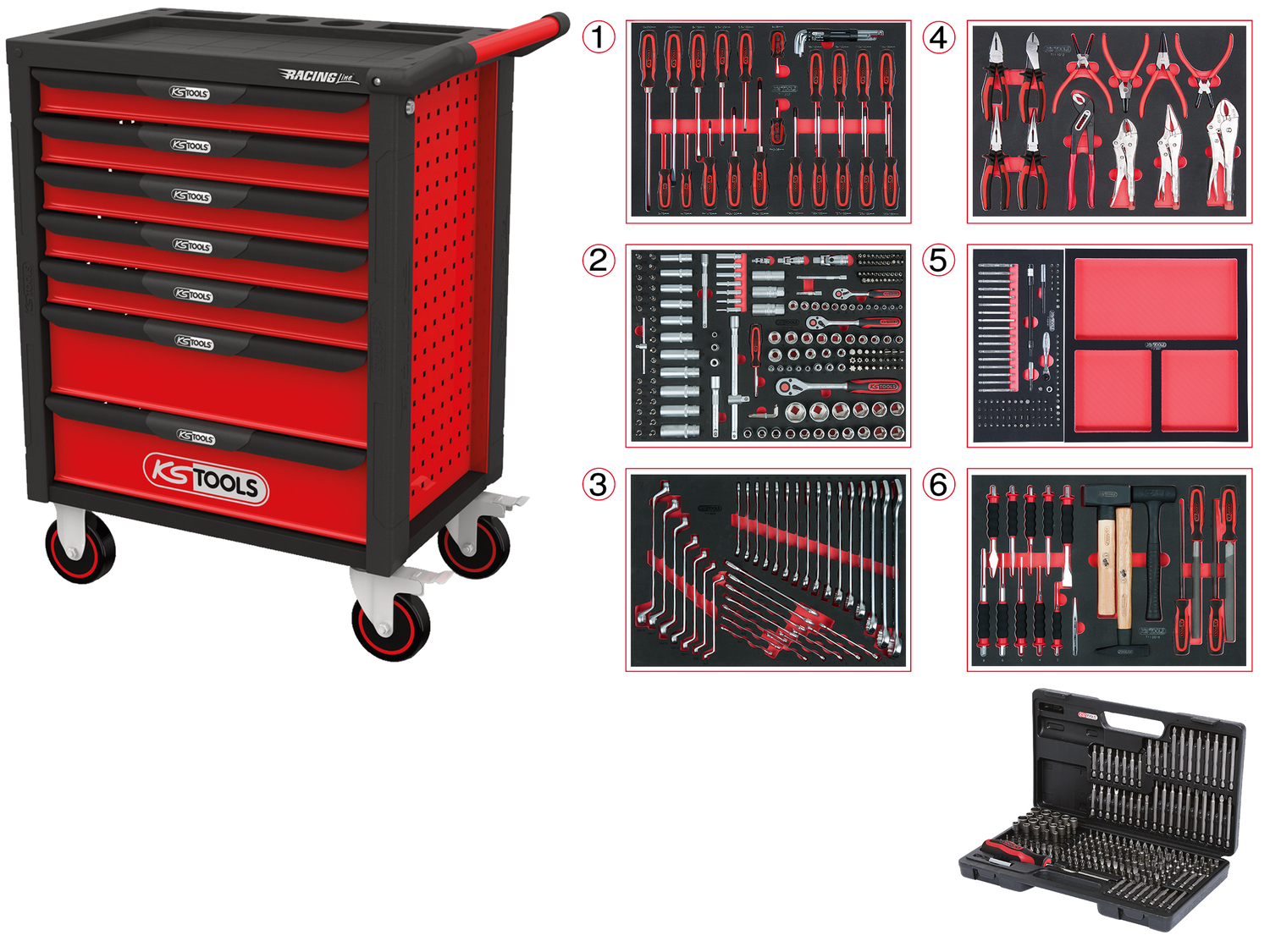 Image of KS tools Gereedschapswagen Racingline 7 laden met 598 stuks gereedschap Rood Staal