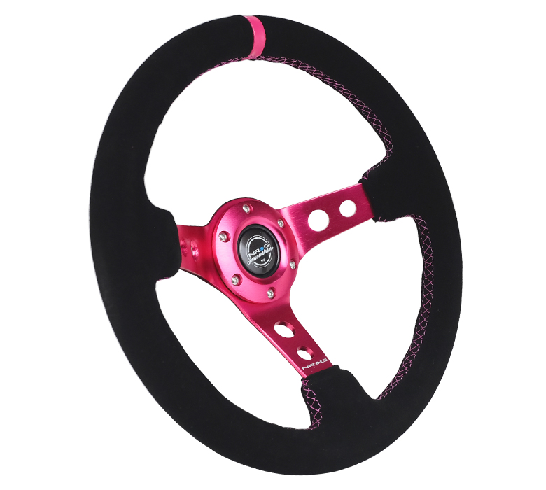 Image of NRG Innovations Stuur Roze Kruisstiksel Met Roze Middellijn Zwart - Roze 350mm Suède