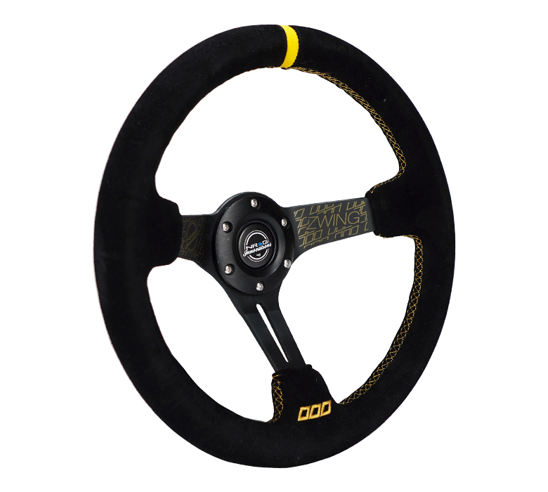 Image of NRG Innovations Stuur Gele kruisstiksel Zwing Signature Met ZWING Logo Zwart - Zwart 350mm Suède