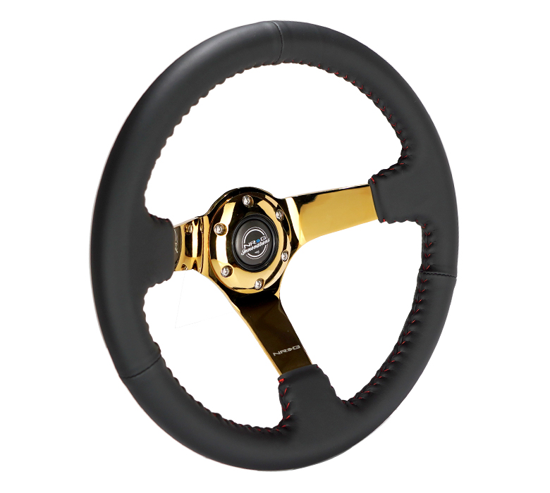Image of NRG Innovations Stuur Rode Kruisstiksel Zwart - Goud 350mm Leer
