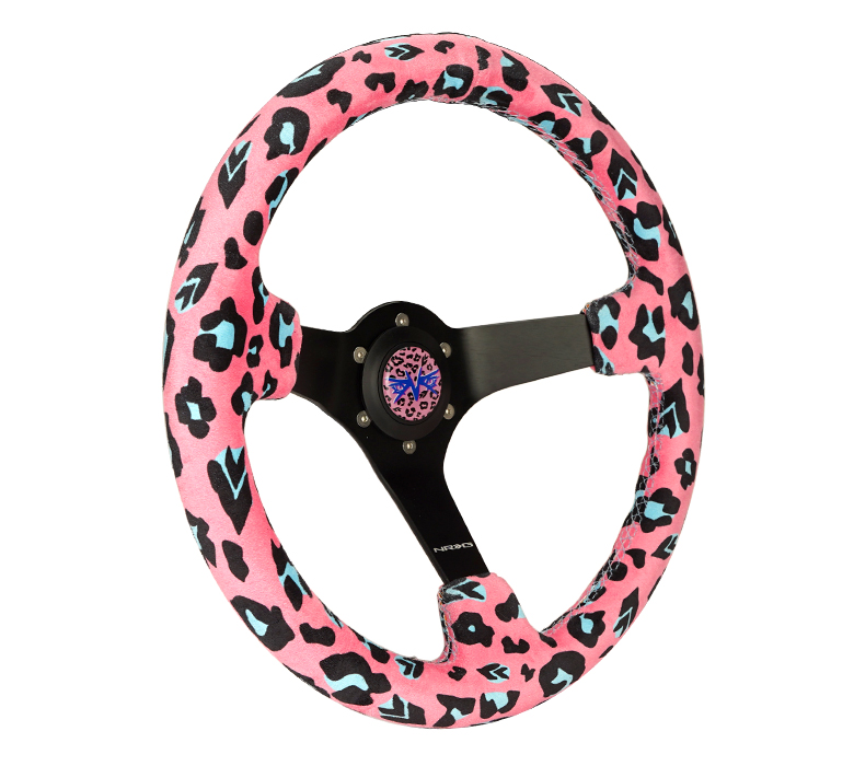 Image of NRG Innovations Stuur Blauwe Kruisstiksel Savage Pink Leopard Roze - Zwart 350mm Microfiber