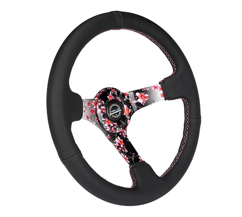 Image of NRG Innovations Stuur Roze Kruisstiksel Sakura Floral Zwart 350mm Leer