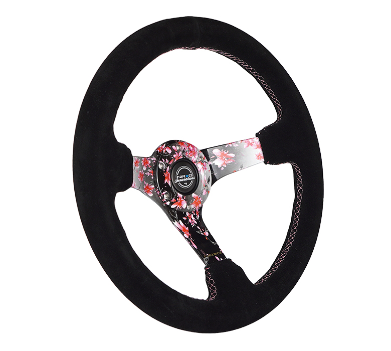 Image of NRG Innovations Stuur Roze Kruisstiksel Sakura Floral Zwart 350mm Suède