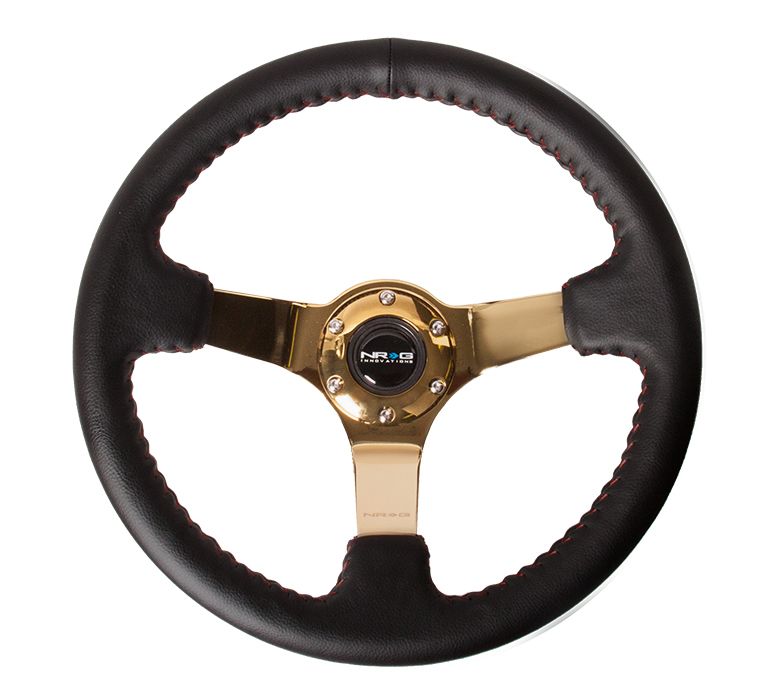 NRG Innovations Stuur Rode Kruisstiksel Chroom Goud 350mm Leer