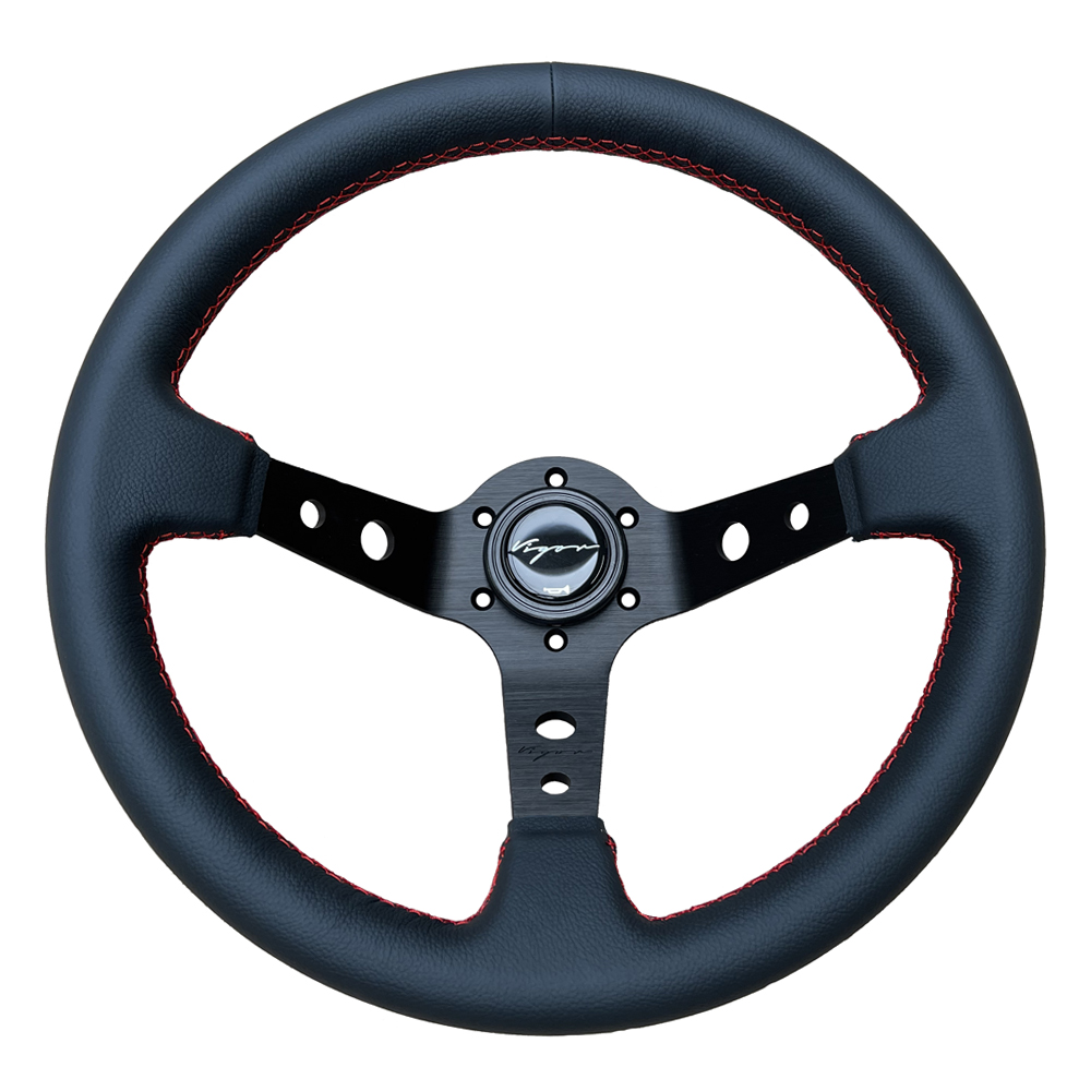 Image of Vigor Stuur Speedway Rode Kruisstiksel Zwart - Zwart 350mm Leer