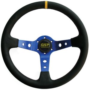 QSP Stuur Racing Zwarte Kruisstiksel Blauw 350mm Leer