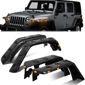 ABS Dynamics Voor en Achter Scherm Verbreders Pocket Rivet Style Amber Corner Zwart ABS Plastic Jeep Wrangler
